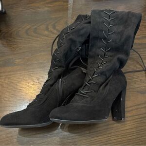 Faux Suede Lace-Up Heeled Boots for Women Size 8 Black Knee High